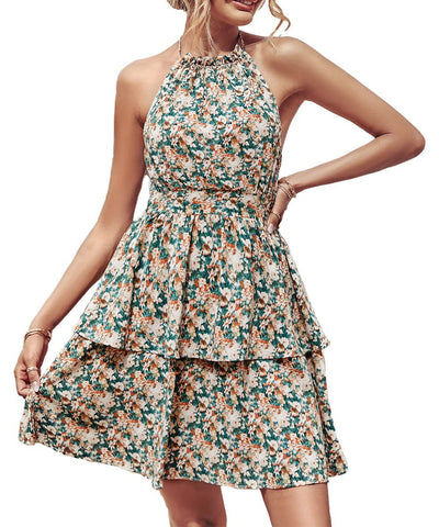 Summer Print Halter,Backless Ruffled A-Line Beach Dress