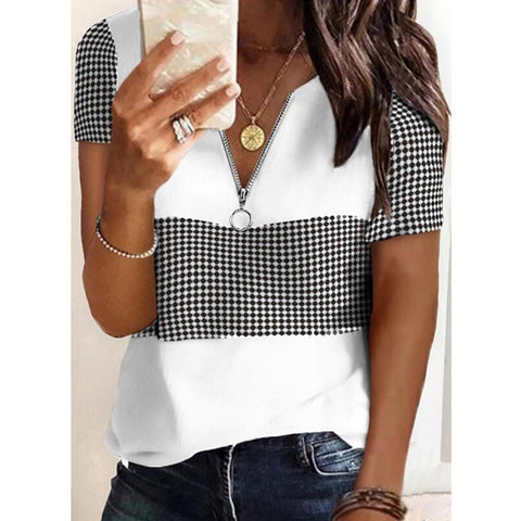 Plaid Print Check V-neck Zipper Neckline Short Sleeve Top