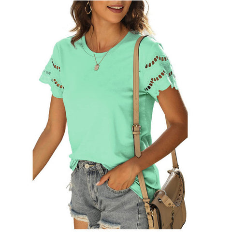 Women's Patchwork Lace Crew Neck Fashion T-Shirt Top