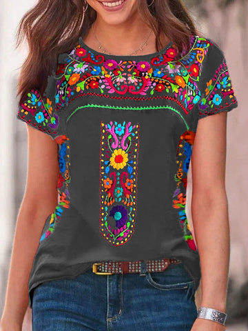 Women's Bohemian Print Round Neck Short Sleeve Top