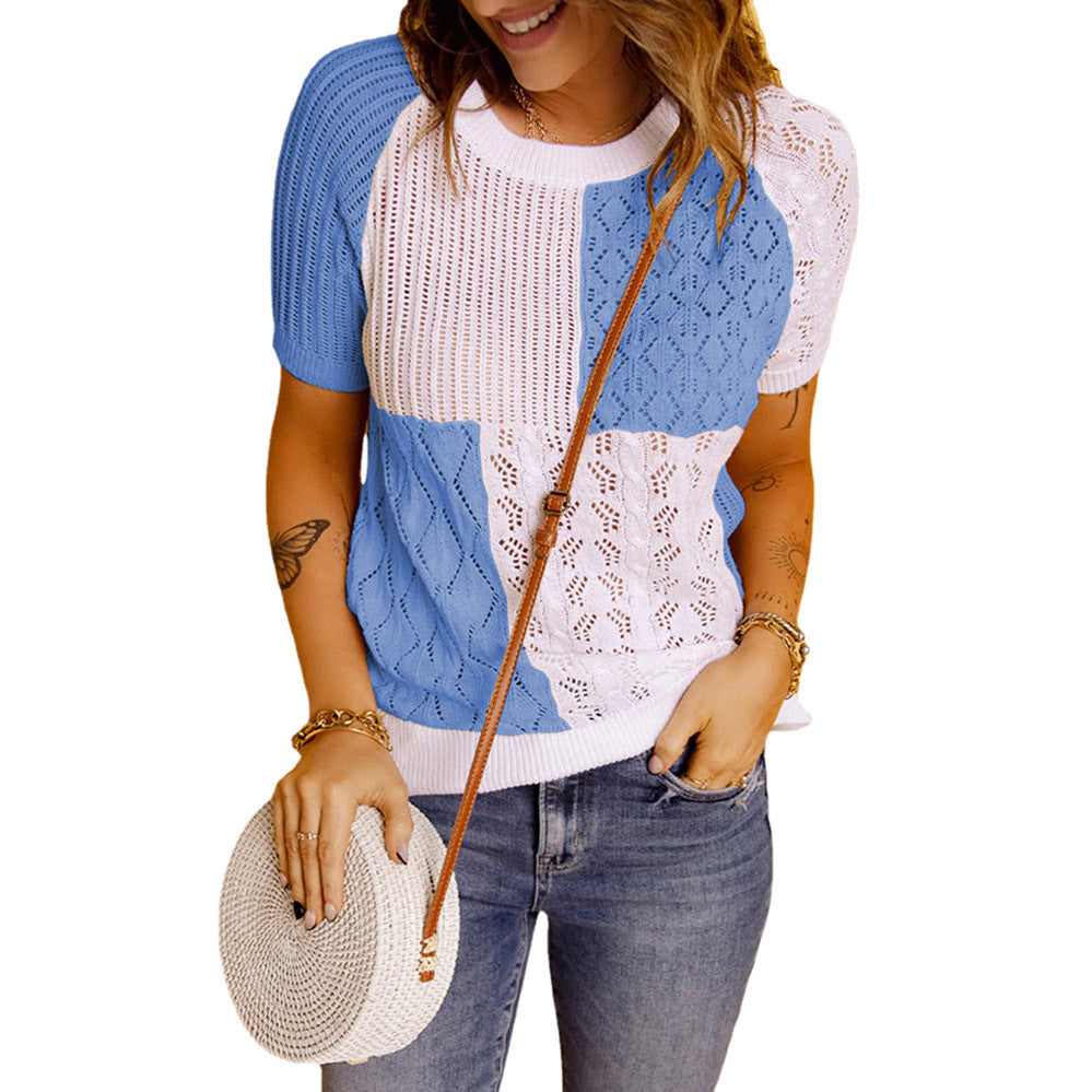 Color-blocking Knitted Sweater Short-sleeved Top