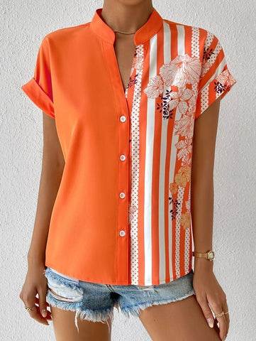 Double Contrast Color Floral Button Short Sleeve Shirt