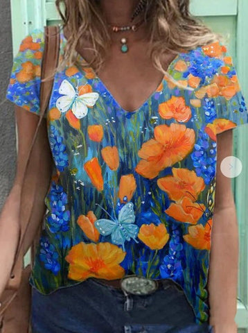 Flowers & Butterfly Short-sleeved V-neck Top