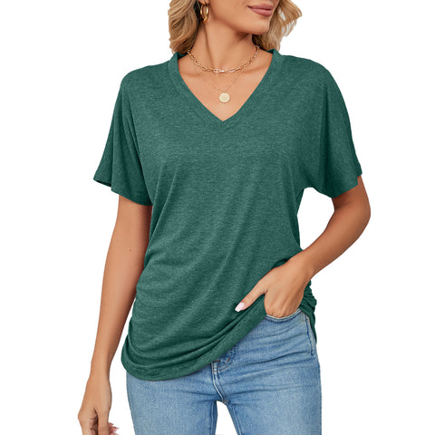 Leisure Pullover V-neck Solid Color Loose T-shirt