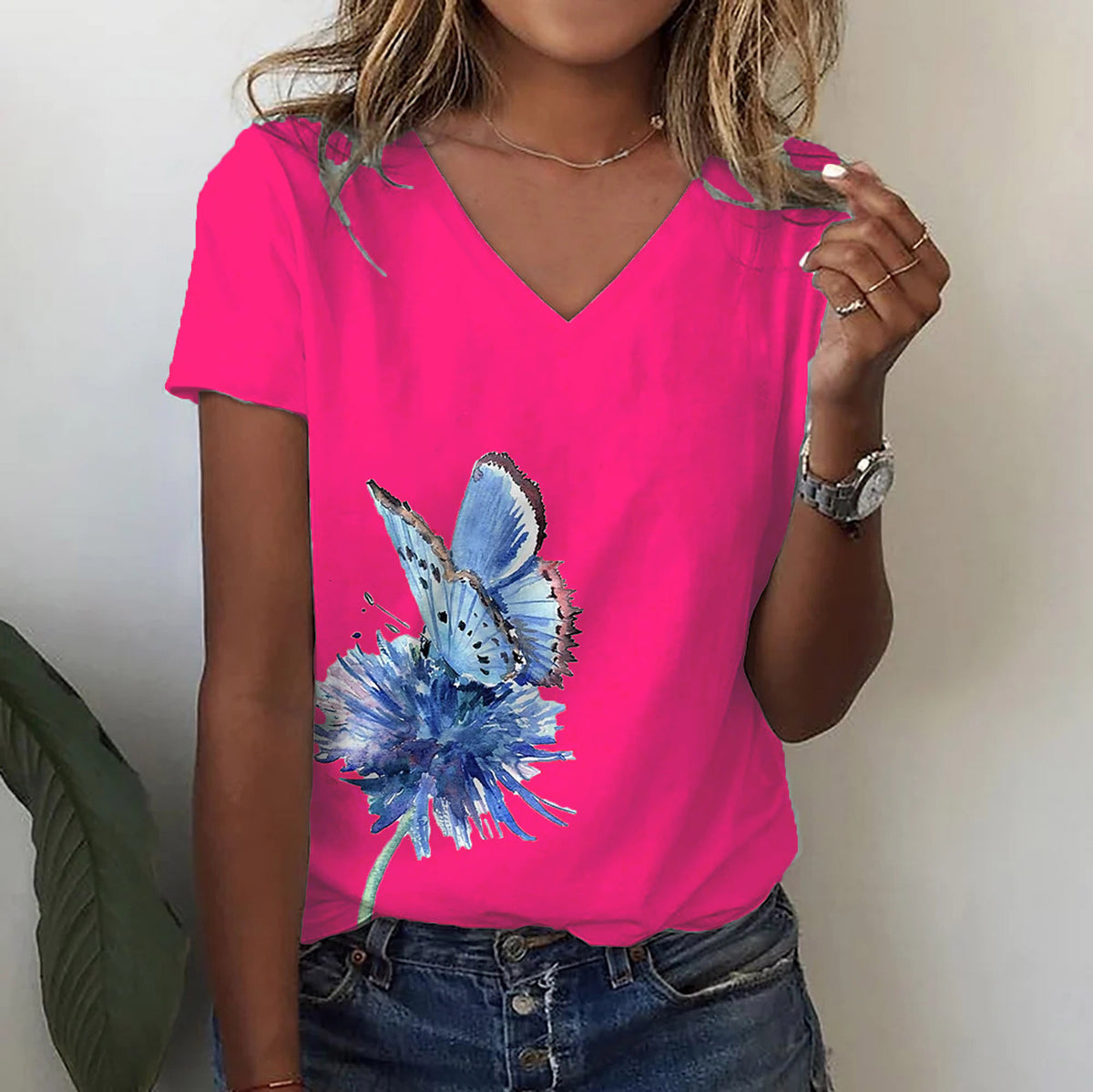 Fashion Butterfly Print V-neck Short Sleeve Top