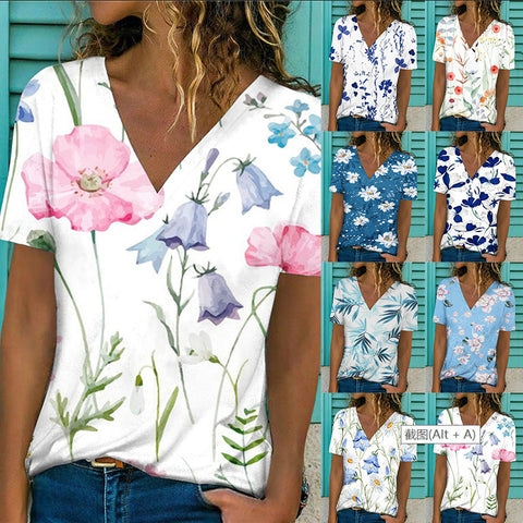 Floral Print Casual Short Sleeve V-Neck Pullover Top