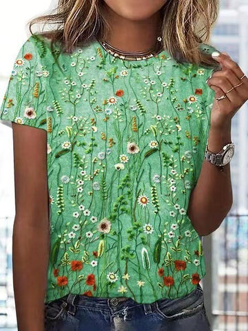 Loose Round Neck Short Sleeve Floral Printed Top