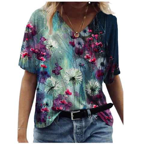 Butterfly Print Short Sleeve V-neck Ladies Top