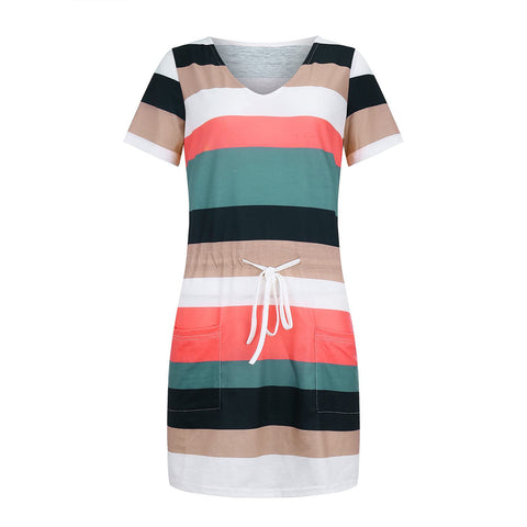 Striped Print V-neck Drawstring Short-sleeved Dress