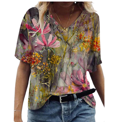 Butterfly Print Short Sleeve V-neck Ladies Top