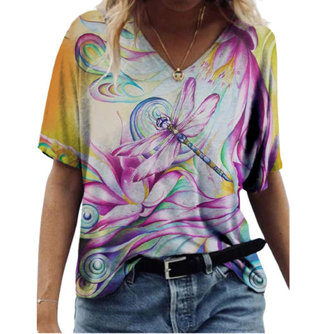 Butterfly Print Short Sleeve V-neck Ladies Top