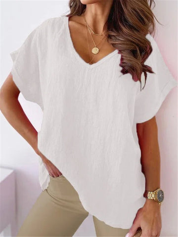 Women's Solid Color Cotton And Linen Short-sleeved V-neck Top