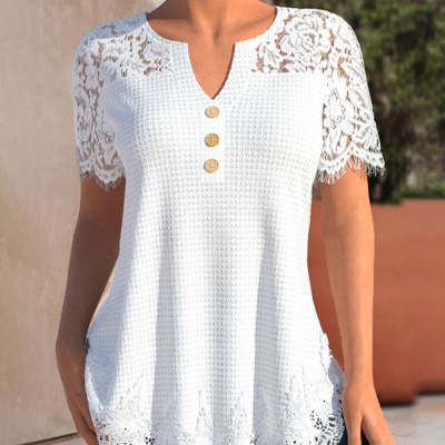 Plus Size Women's Knitted Lace Stitching Lace Short-sleeved Top