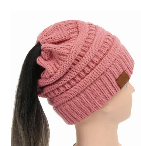 High Bun Ponytail Beanie Hat Chunky Soft Stretch Cable Knit Warm Fuzzy Lined