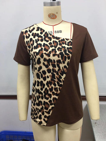 Leopard Patchwork Knit With Irregular Neckline Top