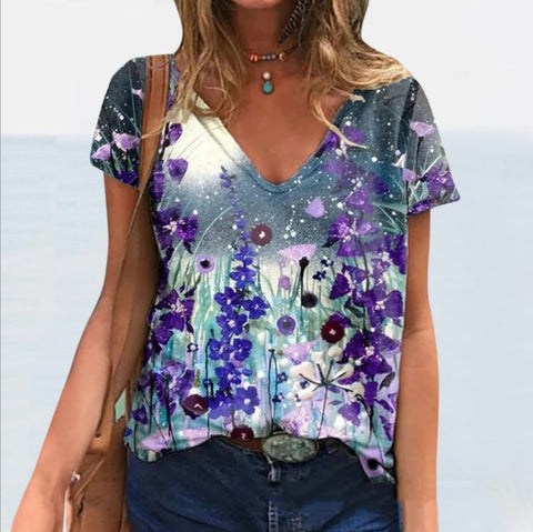 Flowers & Butterfly Short-sleeved V-neck Top