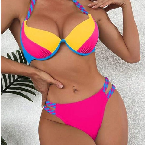 Women's Color Matching Triangle High Waist Bikini Swimsuit Two-piece