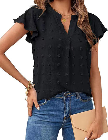 Women V Neck Ruffle Short Sleeve Blouse