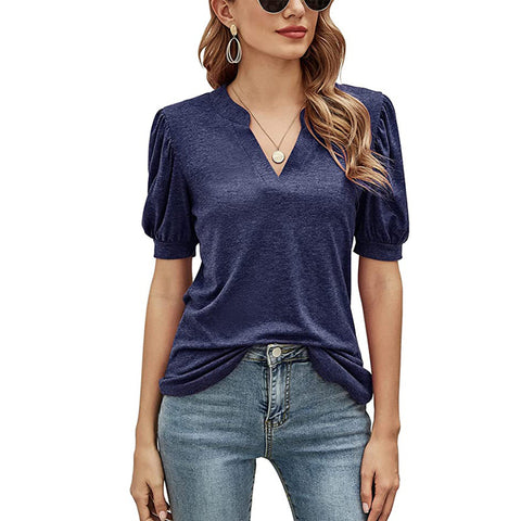 Women's New Casual V-neck Puff Sleeve Loose Women's Top