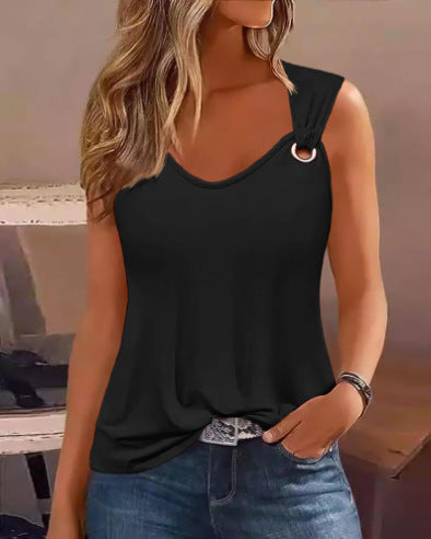 Summer Fashion Metal Buckle V-neck Sleeveless Women's Top