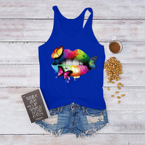 Multicolored Lips and Butterflies Printed Tank Top