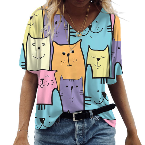 Assorted Cat Designs Casual Short Sleeve V-Neck Top