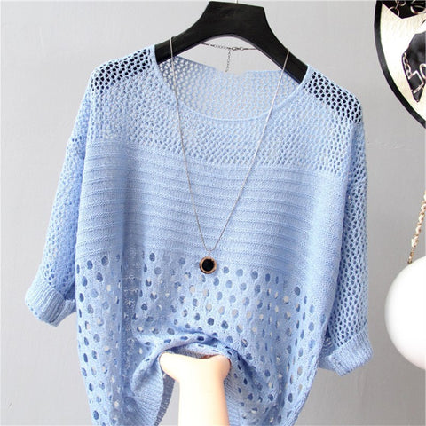 Women's Loose Scoop Neck Thin Hollow Knit Blouse