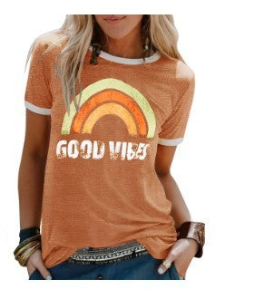 Fashion Rainbow Good Vibes Crew Neck Short Sleeve Top