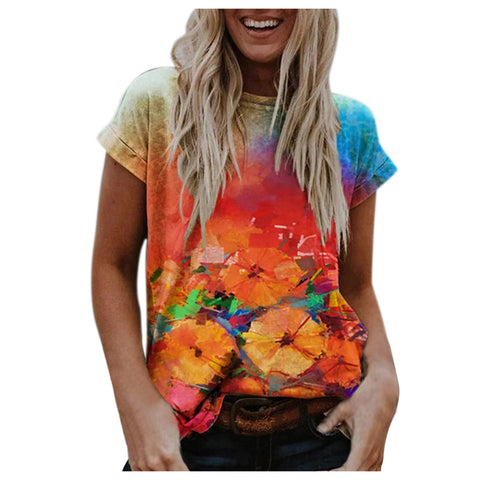 Multi Color Loose Fit Short-sleeved Women's Top