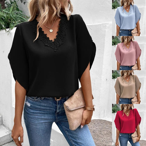 Lace V-neck Flared Sleeves Loose Shirt