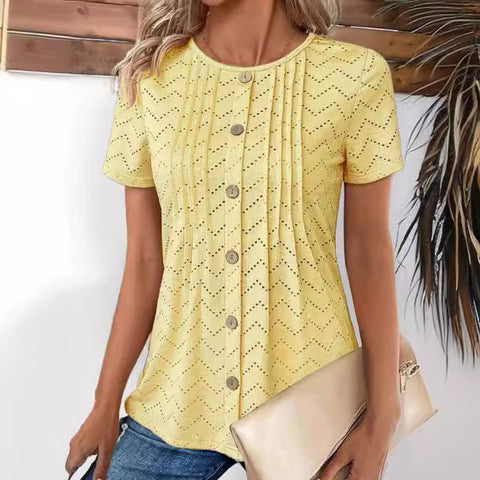 Women's Solid Color Hollowed-out Pleated Button Round Neck Top