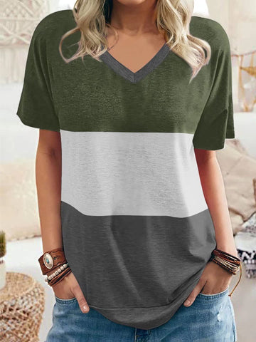 Women's Color Matching V-neck Casual Loose Short Sleeve