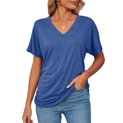 Leisure Pullover V-neck Solid Color Loose T-shirt