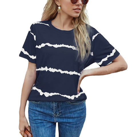 Casual Fashion Striped Print Short Sleeve T-Shirt Ladies Top