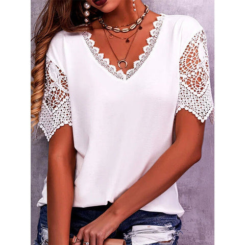 Lace Accent Women V-Neck Short Sleeve Top