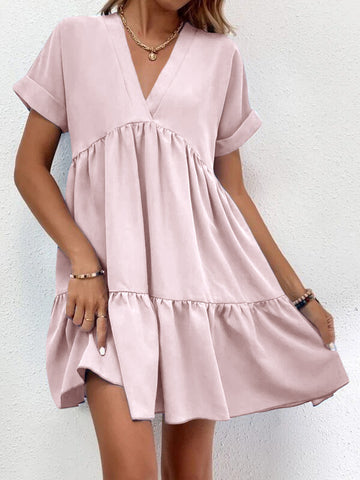 Short-sleeved V-neck Dress Summer Casual Sweet Ruffled Dress