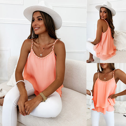 Chiffon Pleated Pearl Mini Strap Tank Top