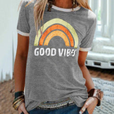 Fashion Rainbow Good Vibes Crew Neck Short Sleeve Top