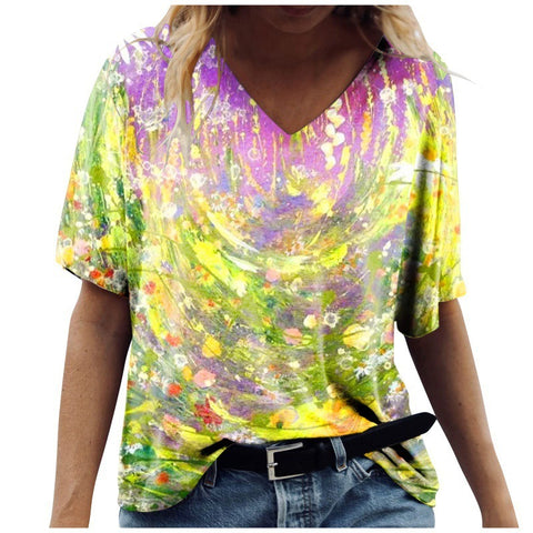 Multi Pattern V-Neck Short Sleeve Top