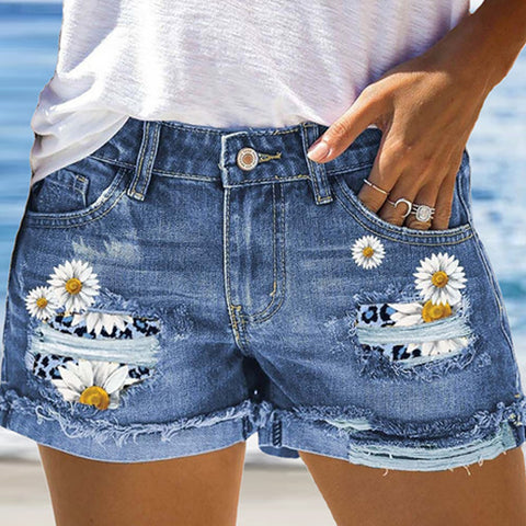 Women's Daisy Print Denim Shorts Street Hipster