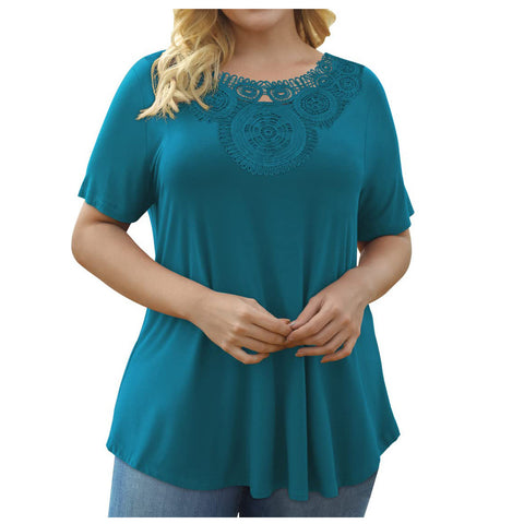 Women's Plus Size Short Sleeve Pullover Lace Pleated Top