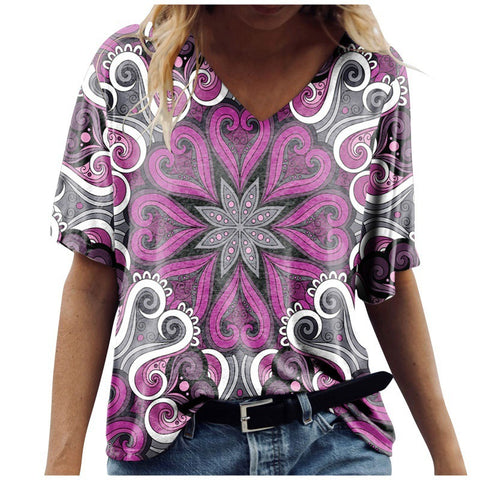 Multi Pattern V-Neck Short Sleeve Top