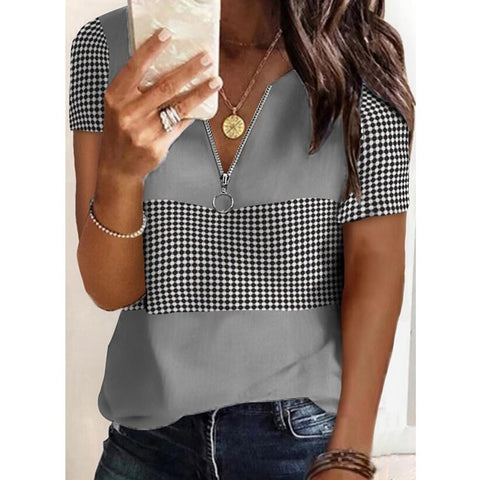 Plaid Print Check V-neck Zipper Neckline Short Sleeve Top