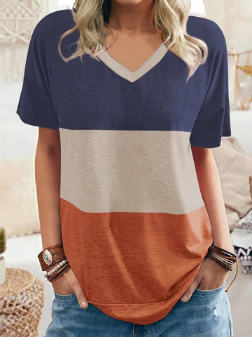 Women's Color Matching V-neck Casual Loose Short Sleeve