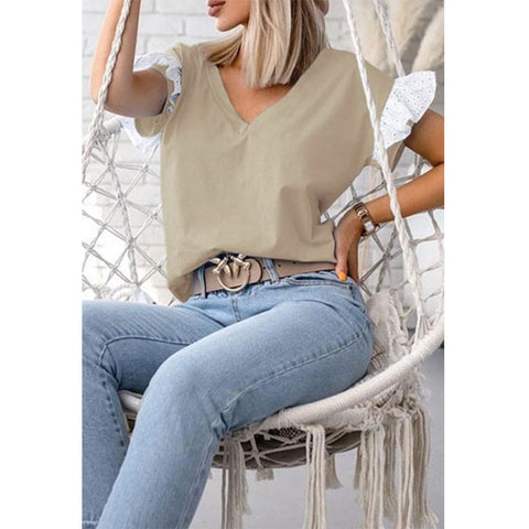 Women's Loose Top V-neck Solid Color Short-sleeved Top