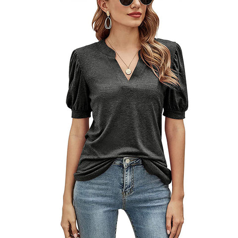 Women's New Casual V-neck Puff Sleeve Loose Women's Top