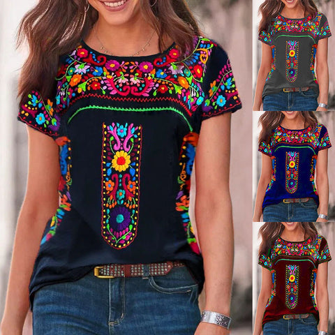 Women's Bohemian Print Round Neck Short Sleeve Top