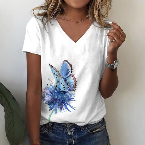 Fashion Butterfly Print V-neck Short Sleeve Top