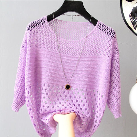 Women's Loose Scoop Neck Thin Hollow Knit Blouse