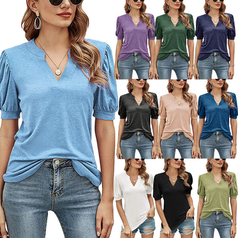 Women's New Casual V-neck Puff Sleeve Loose Women's Top